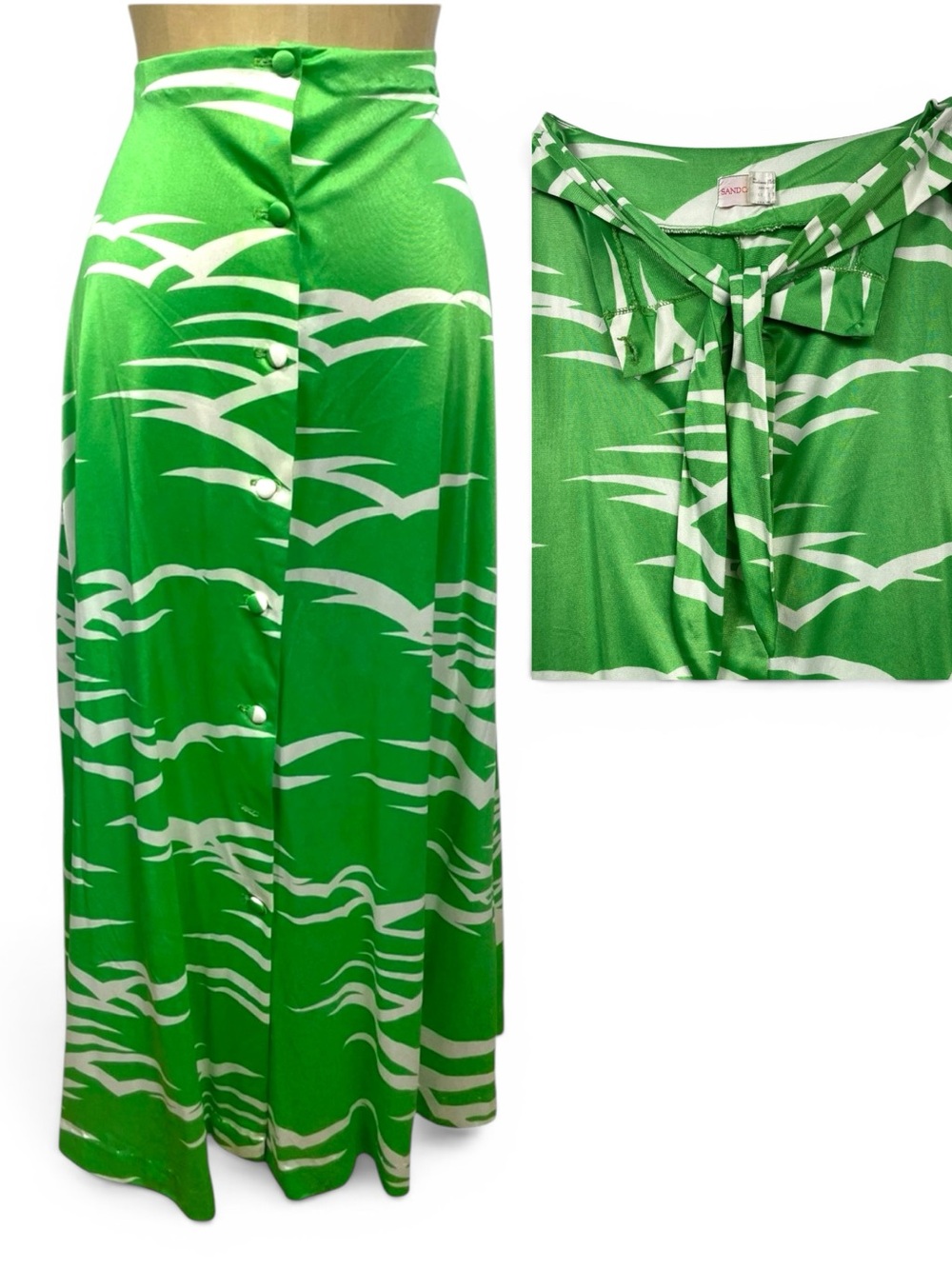 Vtg Sandcastle Seagull Bird Print SM Midi Skirt Lime Green Boho Resortwear coast